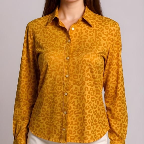 Leopard Print Mustard Button-Up Blouse - Picture 7 of 11